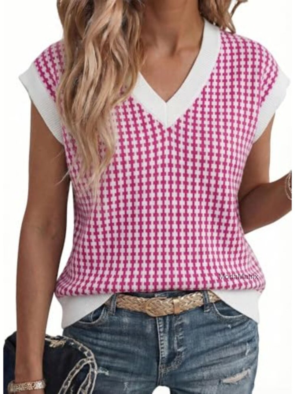 Womens V Neck Short Sleeve Plaid Knit Sweater Vest Loose Fit Pullover